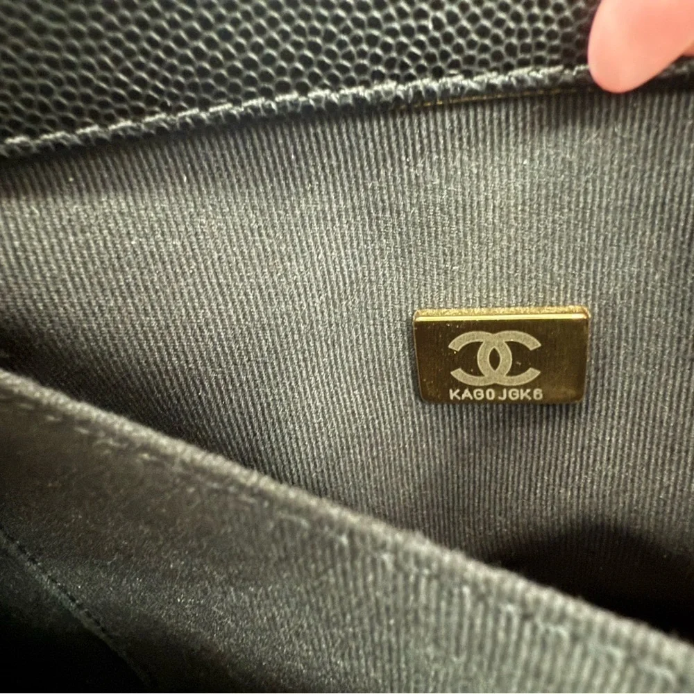 CHANEL Black Caviar Boy Bag with Aged Gold Chain and microchip